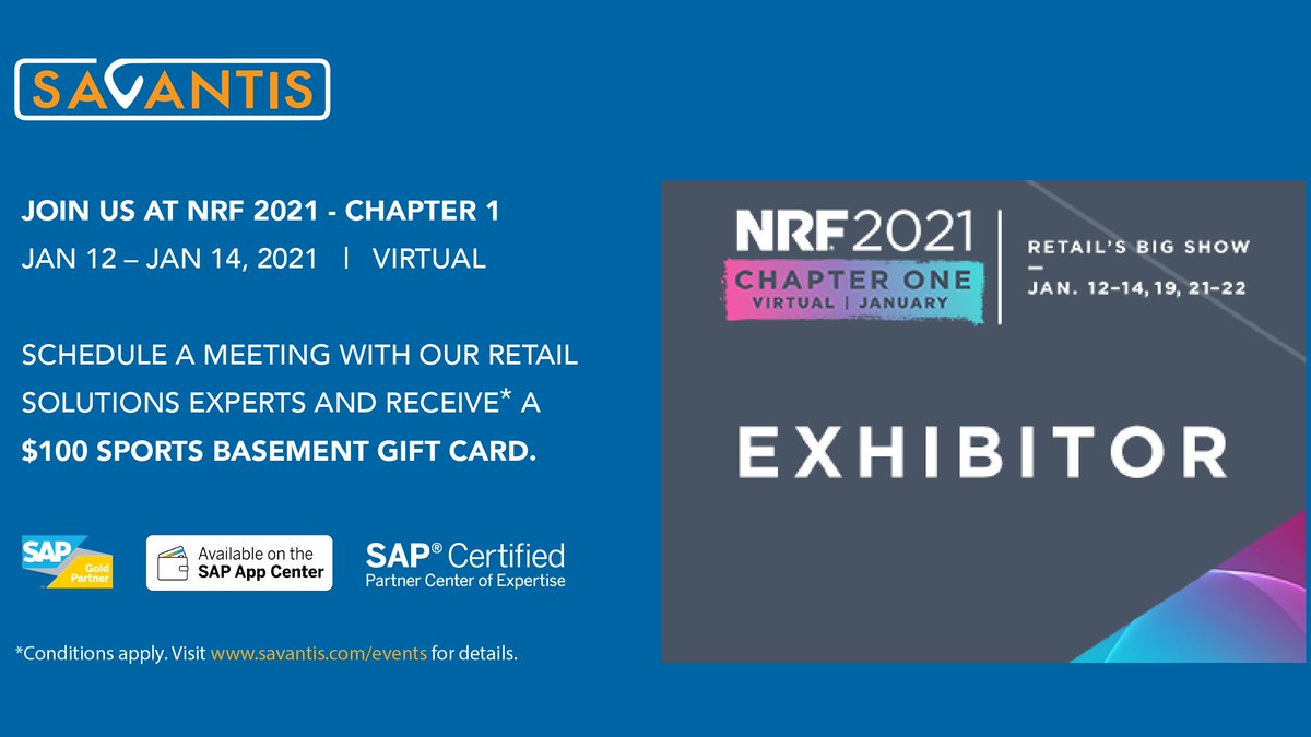SavantisLLC's tweet photo. Save the date!
Weโre proud to be a part of @NRFBigShow #NRF2021 โ Chapter 1. Join us on Jan 12-14 where weโll be discussing the latest tech solutions for retailers.
#Savantis #SAP #DigitalTransformation #Technology #Retail
https://t.co/60jUhCK3ak https://t.co/QkGqppnJj2