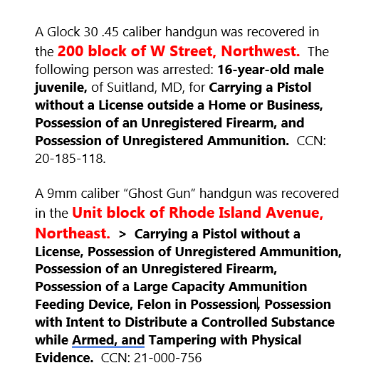 ScottRobertsDC's tweet image. the 01-07-2021 @DCPoliceDept Weekly Firearm Recoveries report includes firearm recoveries on the 200 block of W St NW in @LeDroitParkDC &amp;amp; unit block of RI Ave NE in #EckingtonDC

#BloomingdaleDC #firearmrecovery
groups.google.com/g/Official-MPD…