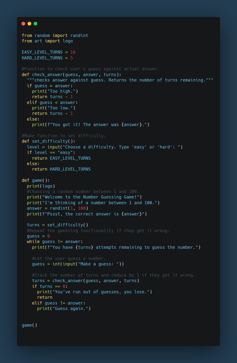 jenish_73's tweet photo. #100DaysOfCode #Day12
I attempted to make a Number Guessing Game with all the concepts that I have learned in the past few days. https://t.co/cNDLITkxoI
