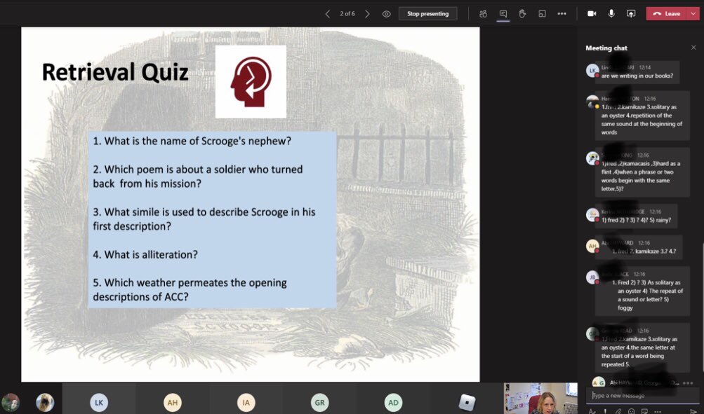 FKAEnglish's tweet image. Business as (not quite so) usual: retrieval quiz answers in the chat; modelling quotation explosions; break out rooms for collaboration; hands down questioning for feedback and class notebook for final task submission. #remotelearning #teams