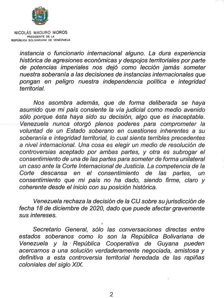 jaarreaza's tweet image. Carta del Pdte. @NicolasMaduro al SG de la ONU @antonioguterres sobre la Guayana Esequiba y la decisión de la CIJ. Sólo las conversaciones directas entre los Estados soberanos, pueden acercarnos a una solución sobre la controversia heredada de las rapiñas coloniales del siglo XIX