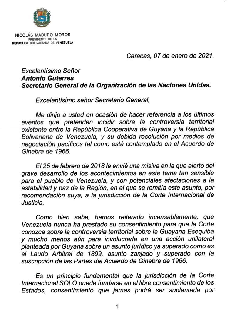 jaarreaza's tweet image. Carta del Pdte. @NicolasMaduro al SG de la ONU @antonioguterres sobre la Guayana Esequiba y la decisión de la CIJ. Sólo las conversaciones directas entre los Estados soberanos, pueden acercarnos a una solución sobre la controversia heredada de las rapiñas coloniales del siglo XIX