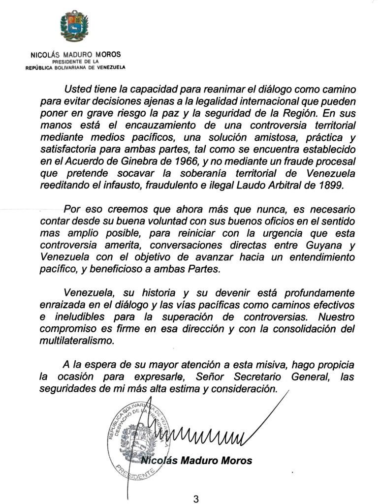 jaarreaza's tweet image. Carta del Pdte. @NicolasMaduro al SG de la ONU @antonioguterres sobre la Guayana Esequiba y la decisión de la CIJ. Sólo las conversaciones directas entre los Estados soberanos, pueden acercarnos a una solución sobre la controversia heredada de las rapiñas coloniales del siglo XIX