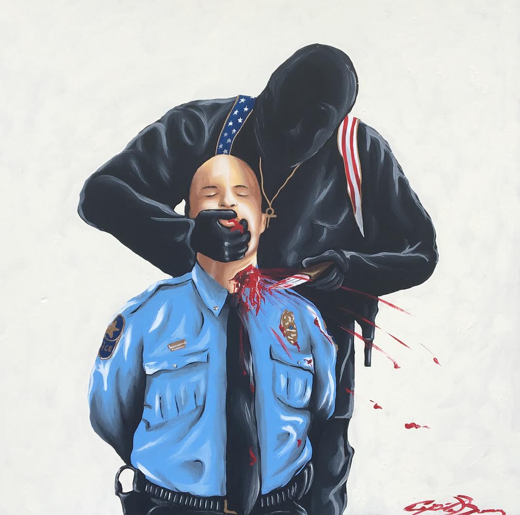 GSnowPatriot's tweet photo. @davidhogg111 @tedcruz Artist Cepeda Brunson released this painting days before the Dallas sniper killed five police officers at a black lives matter march in Dallas TX.

“I don’t promote violence at all,” said Brunson. “And my image is not to provoke violence.”

#Hypocrisy https://t.co/tdS9eXKPdI