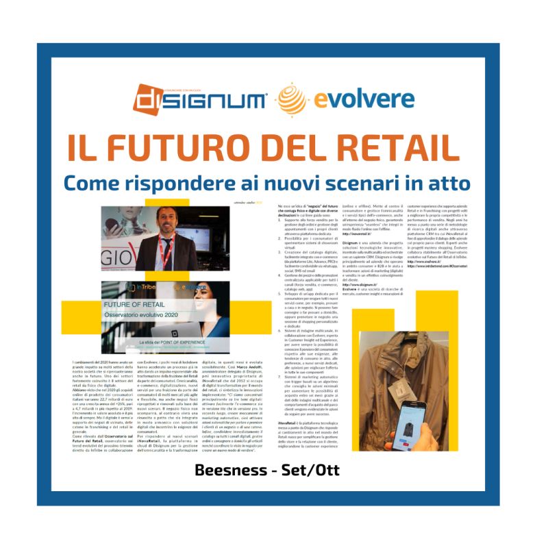 Disignum's tweet photo. Abbiamo parlato di questo e molto altro con @Beesness Magazine che ringraziamo per averci incluso insieme a #Evolvere SRL nel suo ultimo articolo riguardo al Futuro del #Retail. https://t.co/gy8xTA8QMC