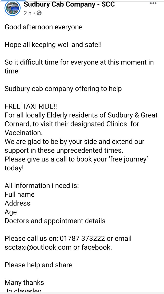 .<a href="/CabSudbury/">Sudbury Cab Company(SCC)</a> will be offering a FREE taxi ride to those in the Sudbury area who have to attend a Covid Vaccine appointment. Full details below. 

Please share with your networks @NHSWSCCG <a href="/WestSuffolkNHS/">West Suffolk NHS FT 🏳️‍🌈</a> @jc4southsuffolk 

Huge thanks to Jo &amp; SCC for this amazing gesture.