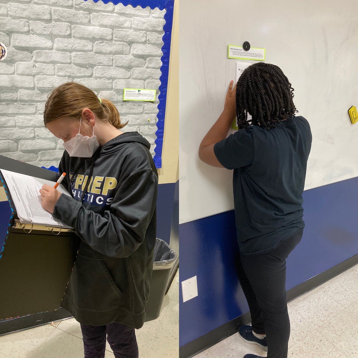 CltPrepMSHead's tweet photo. Grade 5 ELA students finding Shakespeare facts on the walls of the @CharlottePrep Middle School! https://t.co/OrMpU4IrX6