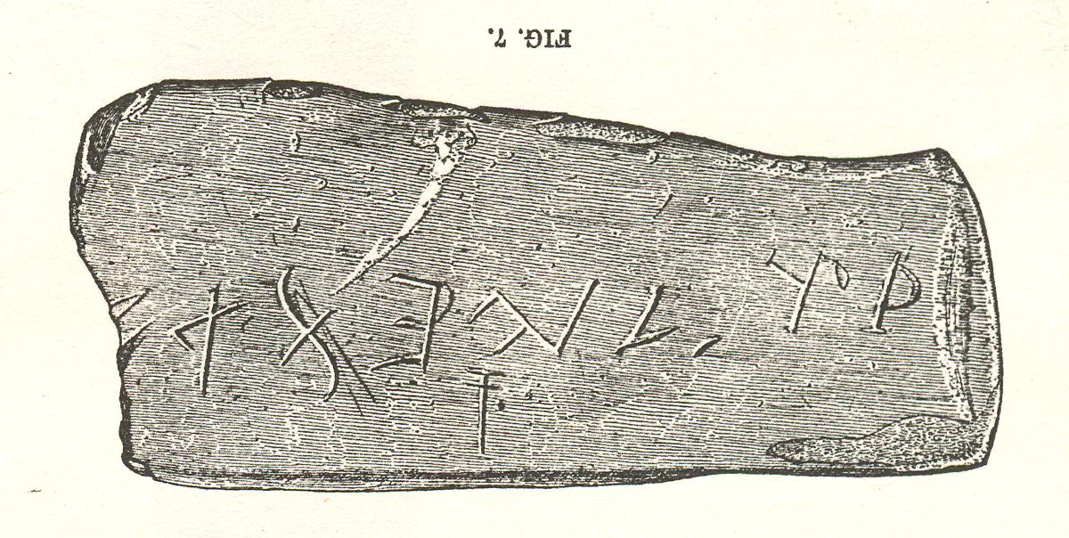 The Bat Creek stone is a piece of pottery found in a cave in Tennessee with Phoenician / Hebrew writing.It was discovered by Smithsonian agent John W. Emmert but it is also deemed as a forgery It is still kept by the Smithsonian Institution.