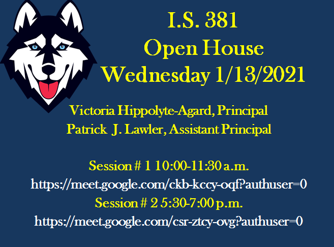 22K381's tweet photo. I.S. 381 Virtual Open House
Wednesday 1/13/2021
Email plawler@schools.nyc.gov for any questions
We hope to see you there! @District22BKNY @UFT_Elementary @CSABKLYN https://t.co/EGTM13svBv