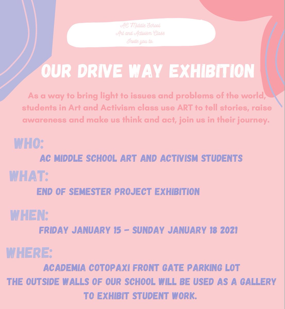acotopaxi's tweet photo. Skills learned from #art education often spill over into the student's academic achievement. Next week (Jan 9-18) our Middle Schoolers work will be aired on @RadioGitanaEC and displayed in a Gallery Walk. This, as part of their "Drama" and "Art &amp; Activism" classes. Stay tuned! https://t.co/yr3ltT5afQ