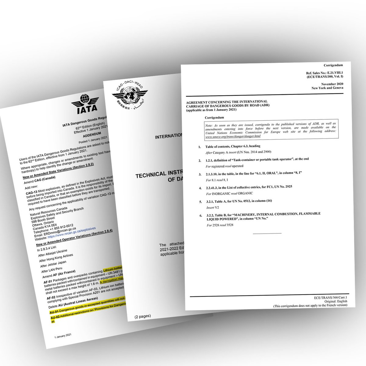 IATA and ICAO have released addenda to their 2021 Dangerous Goods Regulations. The UN released a Corrigendum to its UNADR Dangerous Goods Regulations in December 2020. All are effective from the 1st January 2021.

The PDFs can all be downloaded from Labeline's website