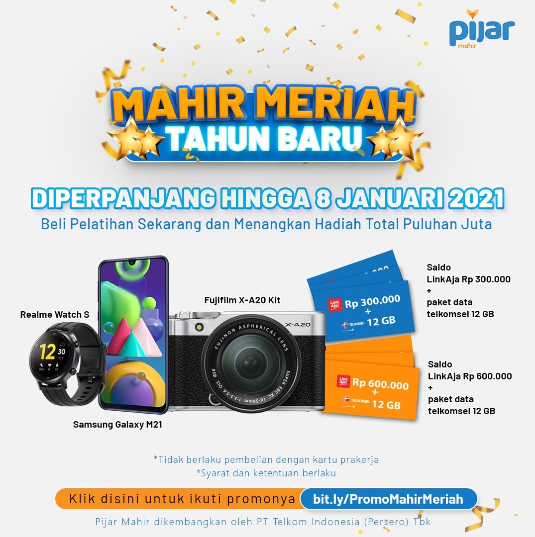 Pijarmahir's tweet photo. HARI TERAKHIR Kesempatan menangin hadiah total puluhan Juta Rupiah!
Ikuti promonya di https://t.co/vwcsopza6U
Tidak berlaku untuk pembelian dengan kartu prakerja.
#PijarMahir #MahirMeriahTahunBaru #BonusPelatihan #VideoTestimoni #JuaraKelas https://t.co/FN4DdacZyQ