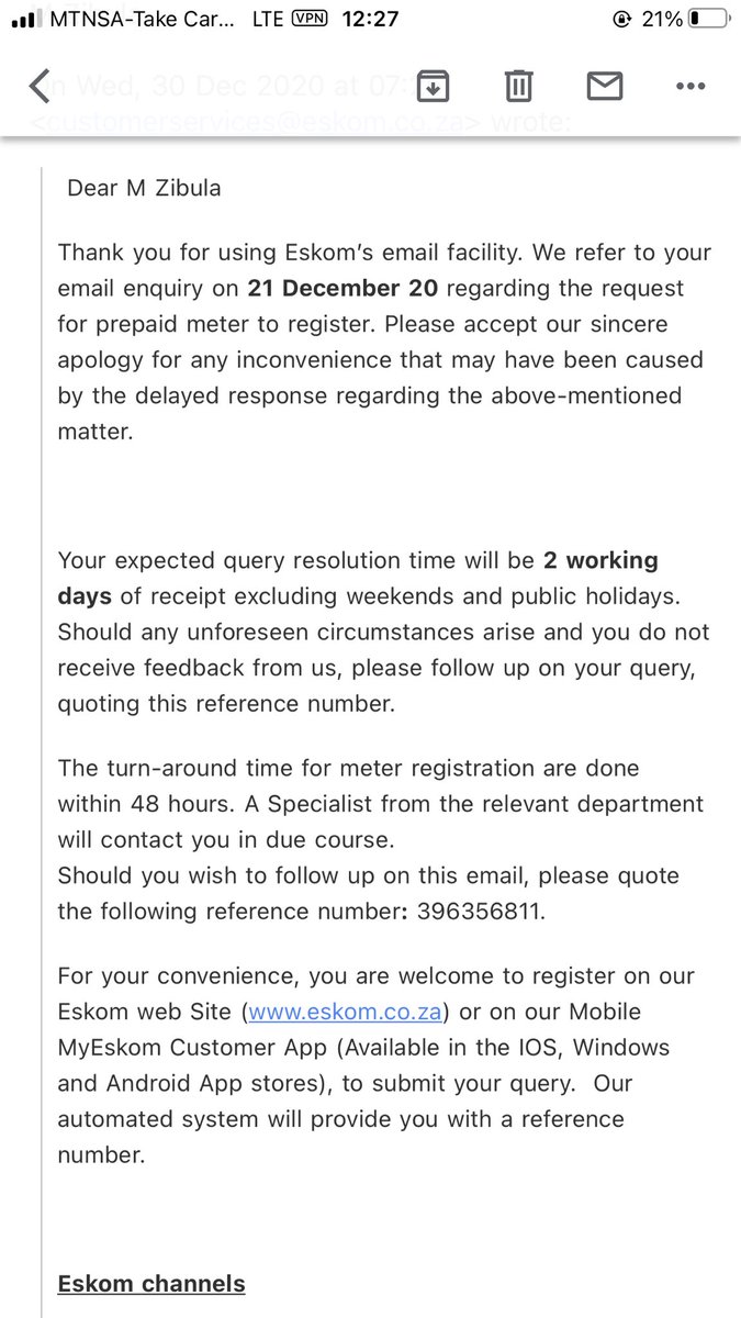 Limise0000's tweet photo. @Eskom_SA 

I have been trying to contact Eskom via email to get my prepaid meter registered in order to be able to buy electricity via internet banking with no luck 

The only response I have was to acknowledge the email after few days nothing else 

Can you please assist https://t.co/bYPsfQUI96