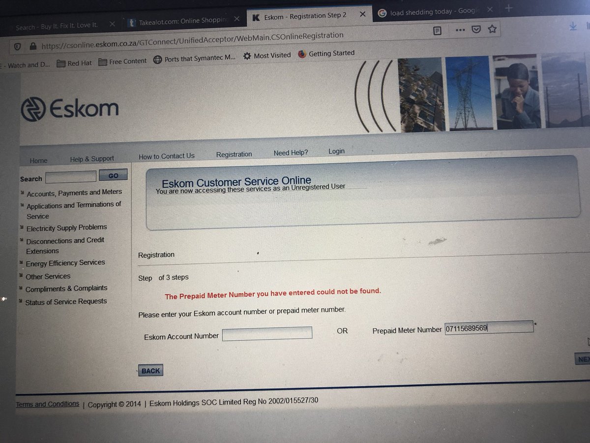 Limise0000's tweet photo. @Eskom_SA 

I have been trying to contact Eskom via email to get my prepaid meter registered in order to be able to buy electricity via internet banking with no luck 

The only response I have was to acknowledge the email after few days nothing else 

Can you please assist https://t.co/bYPsfQUI96