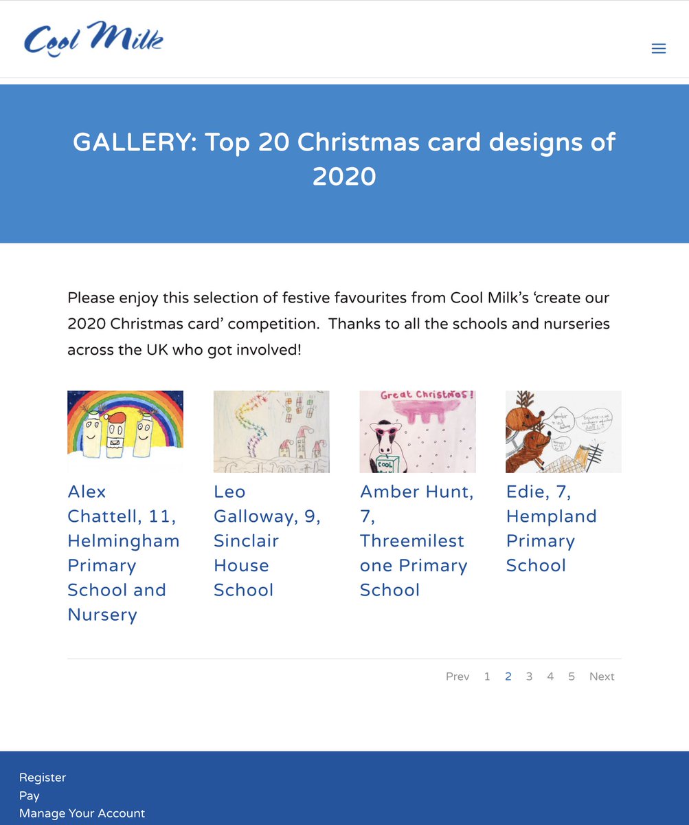 Well Done to SHS pupils Leo in Year 5 and Nila in Year 6 whose Christmas Card designs were selected as 2 of the "Top 20" entries in the 2020 Cool Milk Competition out of 1000s of applicants. View their work in the web gallery at: coolmilk.com/top20-2020