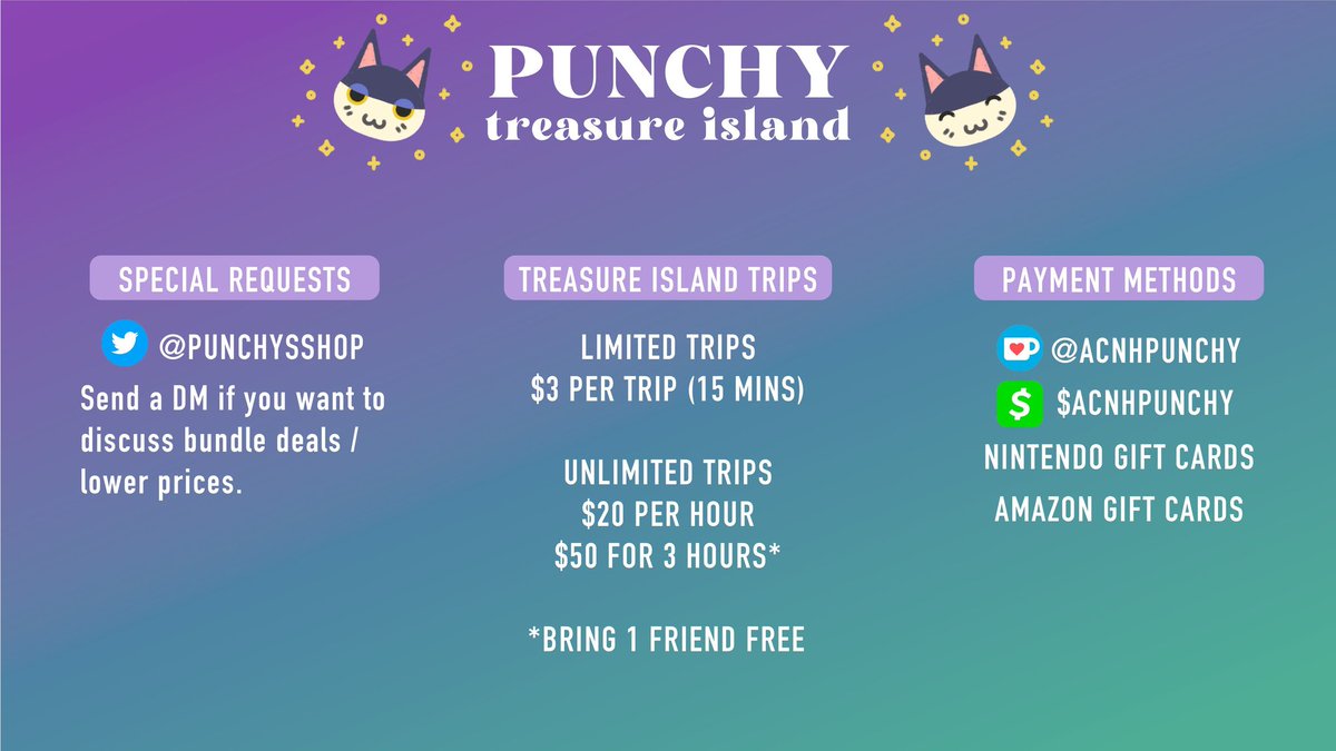 I'm going to be scheduling the paid trips for my Treasure Island later today! DM me to get a slot for yourself!

#acnh #animalcrossing #animalcrossingnewhorizons #acnhtrade #acnhtrades #dodocode #acnhgiveaway #acnhgiveaway