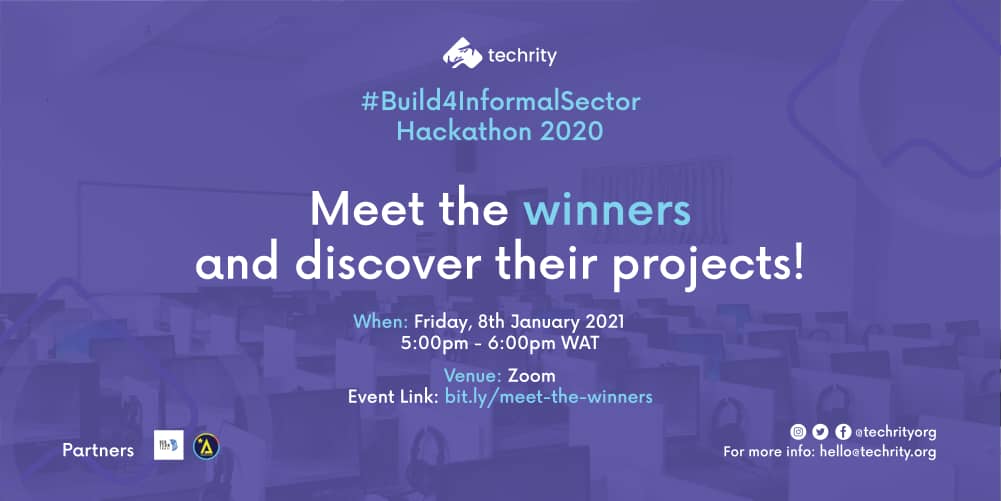 techrityorg's tweet photo. The #Build4InformalSector Hackathon 2020 Demo Day is today!🔔
Time: 5:00pm WAT
Venue: Zoom
Meeting Link: https://t.co/xUA9xugiEH
Meet the winners, view their projects and hear from the judges!
#techrity
#sdgs
#Build4InformalSector
#sdg9 https://t.co/UcgJ4VH8Ns
