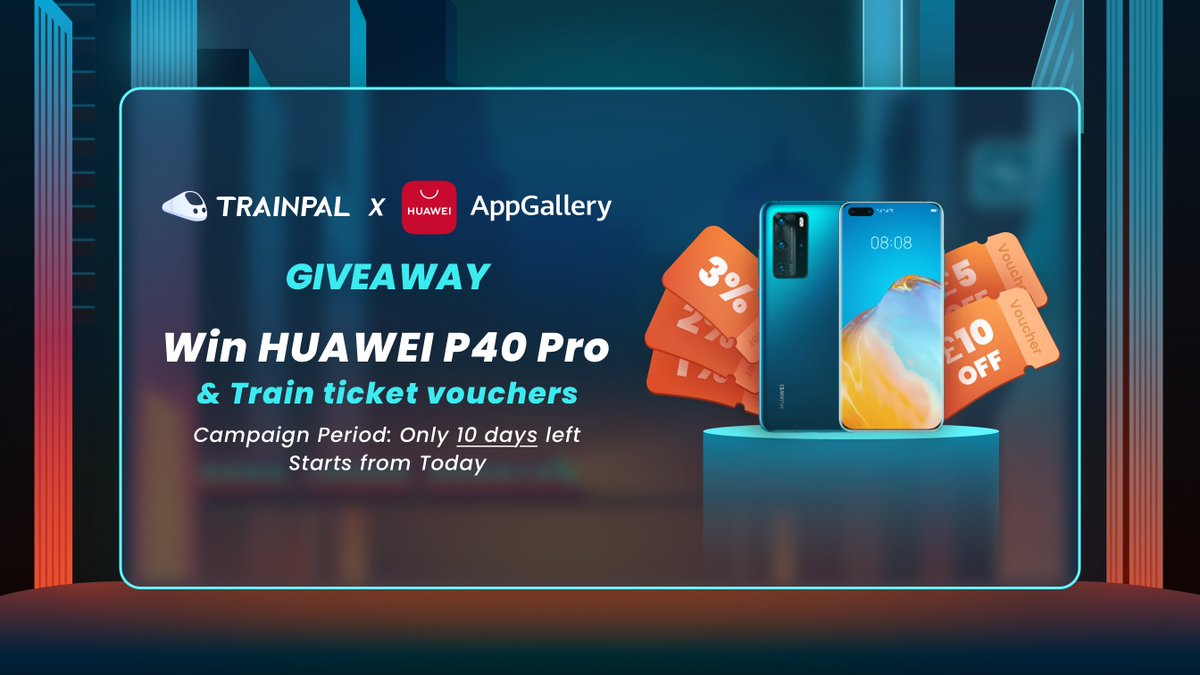TrainPal 2021 Giveaway😍😍
Win #HuaweiP40pro &amp; £300 value of train ticket vouchers!!!
Special thanks to <a href="/AppGallery/">AppGallery</a> 
How to WIN:
1⃣ Follow us <a href="/thetrainpal/">TrainPal</a> 
2⃣ Retweet
Winners are randomly selected
🎁🎁
· ONE #HuaweiP40pro
· TrainPal £10 train ticket vouchers (30winners)