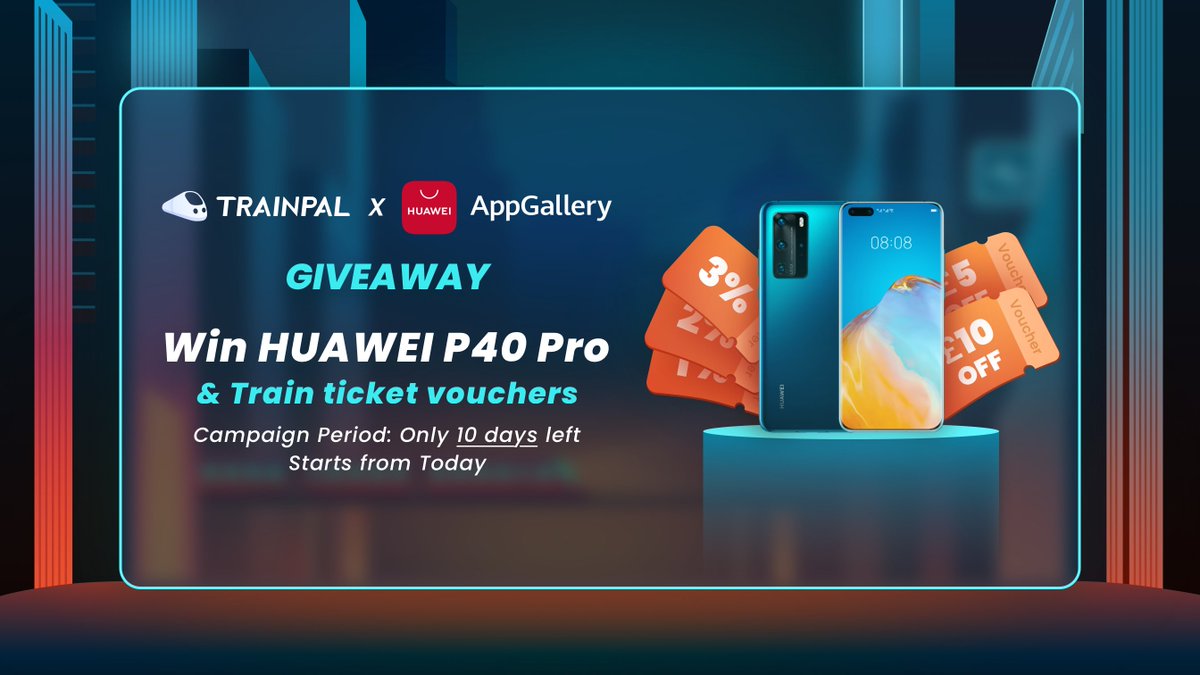 TrainPal 2021 Giveaway😍😍 Win #HuaweiP40pro & £300 value of train ticket vouchers!!! Special thanks to @AppGallery How to WIN: 1⃣ Follow us @thetrainpal 2⃣ Retweet Winners are randomly selected 🎁🎁 · ONE #HuaweiP40pro · TrainPal £10 train ticket vouchers (30winners)