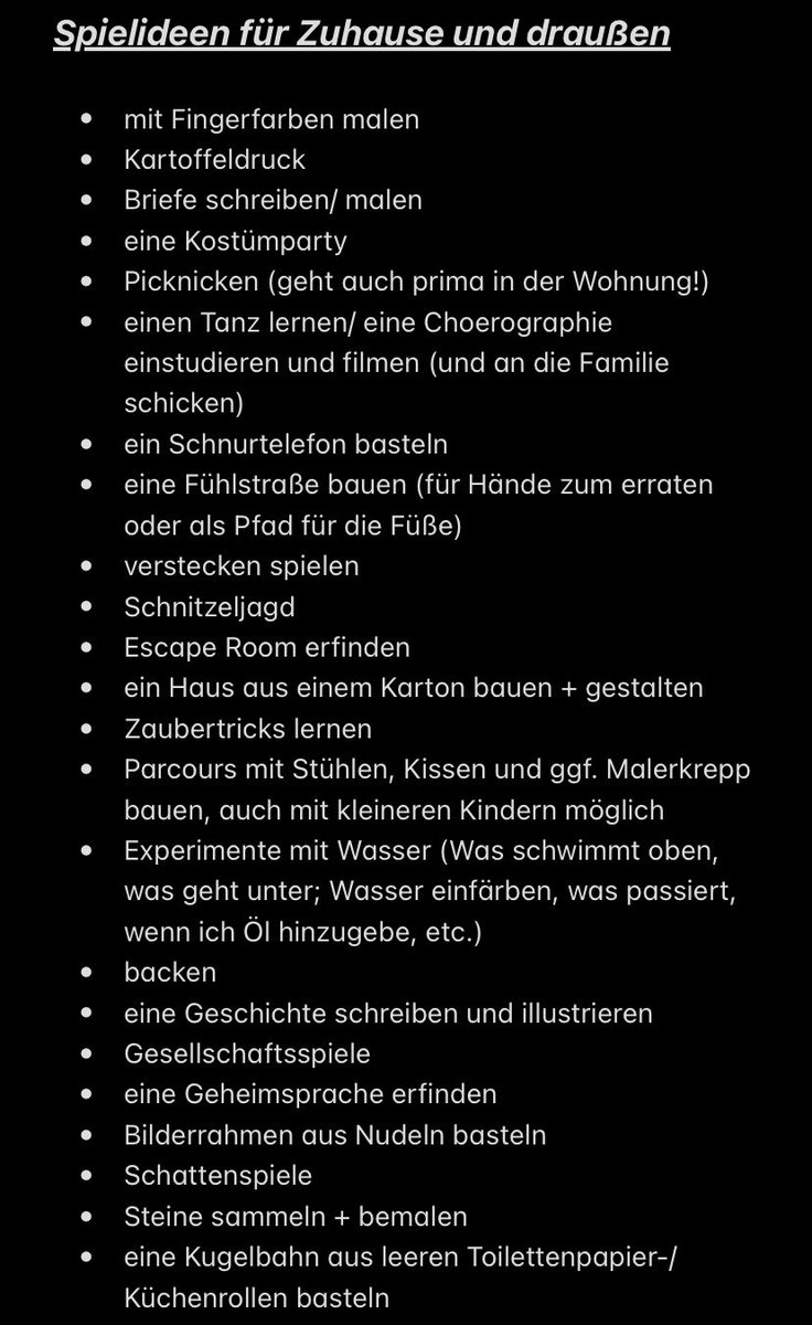 Sph_Wbr's tweet photo. #coronaeltern #lockdownverlaengerung #SchulenUndKitasZu 

Eine Übersicht mit Aktivitäten während des Lockdowns, die Zuhause mit wenig Aufwand möglich sind.

Gerne RT, damit es mehr erreicht. 

Darf gerne ergänzt werden! https://t.co/m9WfttsQ7x