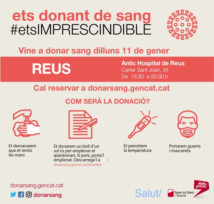 reus_cat's tweet photo. La teva sang 🩸 és imprescindible‼  

Demà dilluns a la tarda vine a @donarsang a l'antic hospital de #Reus 

Reserva a ➡  https://t.co/L5ydnXbQdU 

#MaratoDonantsCat #festivaldedonacions https://t.co/mP5gZMpTaK