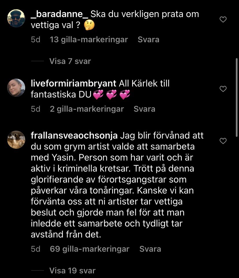 EmmaAxell's tweet photo. Jireels kommentarsfält efter samarbetet med Yasin vs Miriam Bryants :))))) https://t.co/tcg2XGlKCU