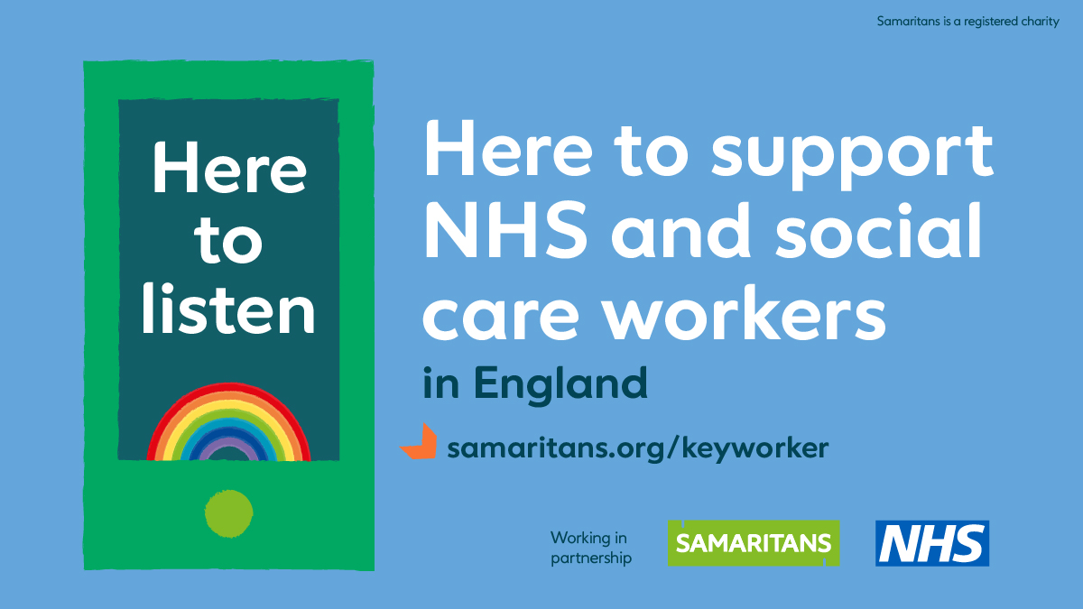 We’re working in partnership with NHS England to provide a wellbeing support line for NHS and social care workers and volunteers. We're here for you to talk through your experiences and support your emotional wellbeing during the #coronavirus crisis 💚💙 samaritans.org/keyworker