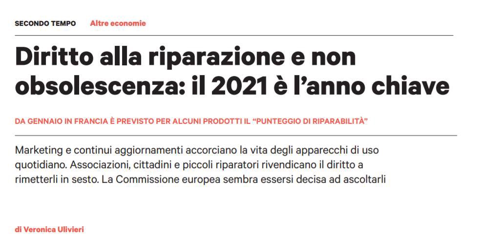 Il 2021 potrebbe essere l'anno chiave per l'affermazione di un reale diritto alla #riparazione, vs #obsolescenza precoce e proliferare di #rifiuti. Ne scrivo sul nuovo numero di <a href="/altreconomia/">Altreconomia</a>.
#righttorepair #RAEE 
<a href="/R2REurope/">Right to Repair Europe</a> <a href="/RestartProject/">The Restart Project</a> <a href="/HalteOP/">HOP - Halte à l'obsolescence programmée</a> <a href="/giacimentiurban/">giacimentiurbani</a> <a href="/RepairCafe/">cholsey_repair_cafe</a>