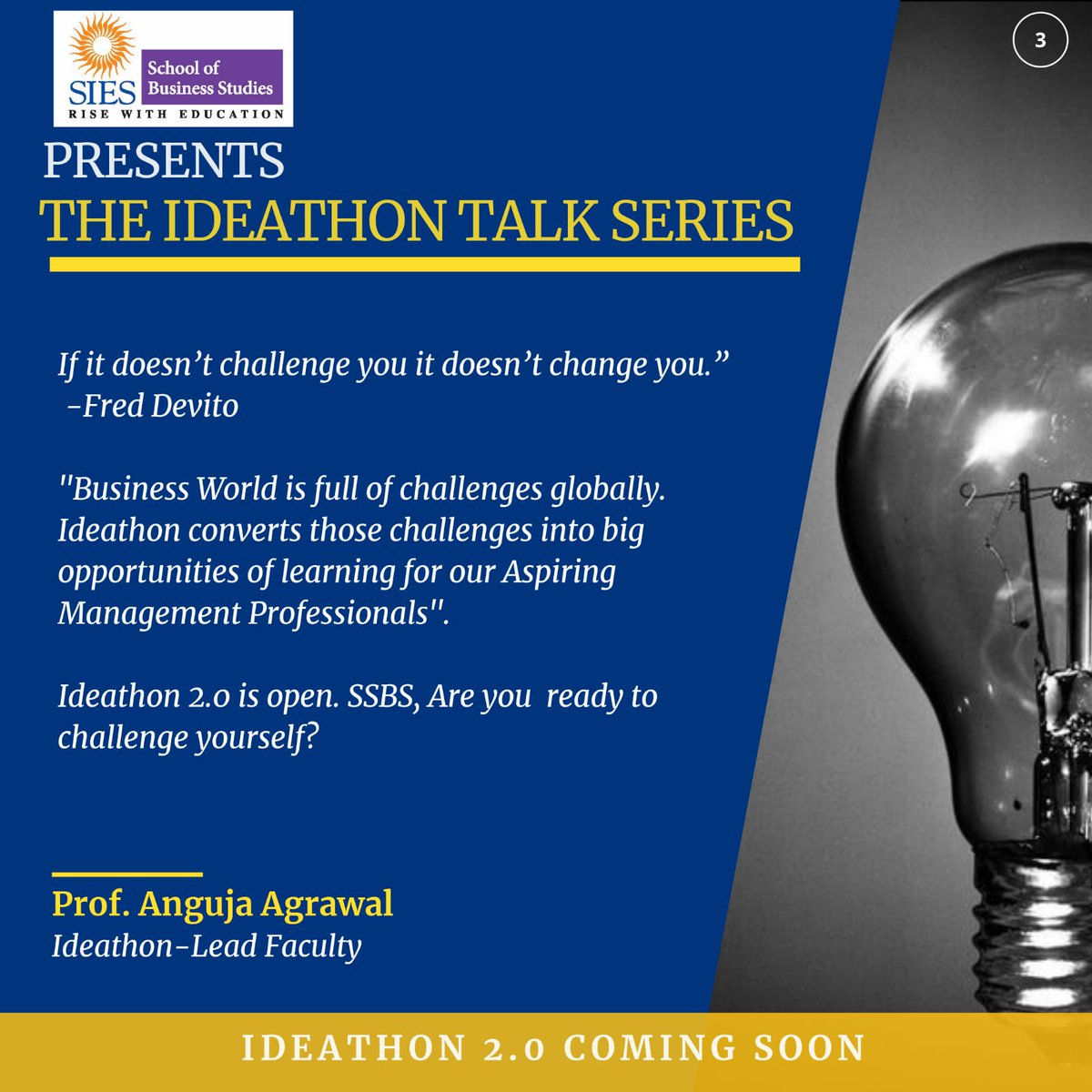 SiescomsNerul's tweet photo. In this talk series, our respected Director along with our faculties, and the winners of IDEATHON 1.0 will talk about their experiences and ideas.
Presenting our Next Speaker:
Prof. Anguja Agrawal (Ideathon lead faculty)
#ideathontalkseries
#ideathon2.0
#siessbs
#siescoms https://t.co/70awWW44s6