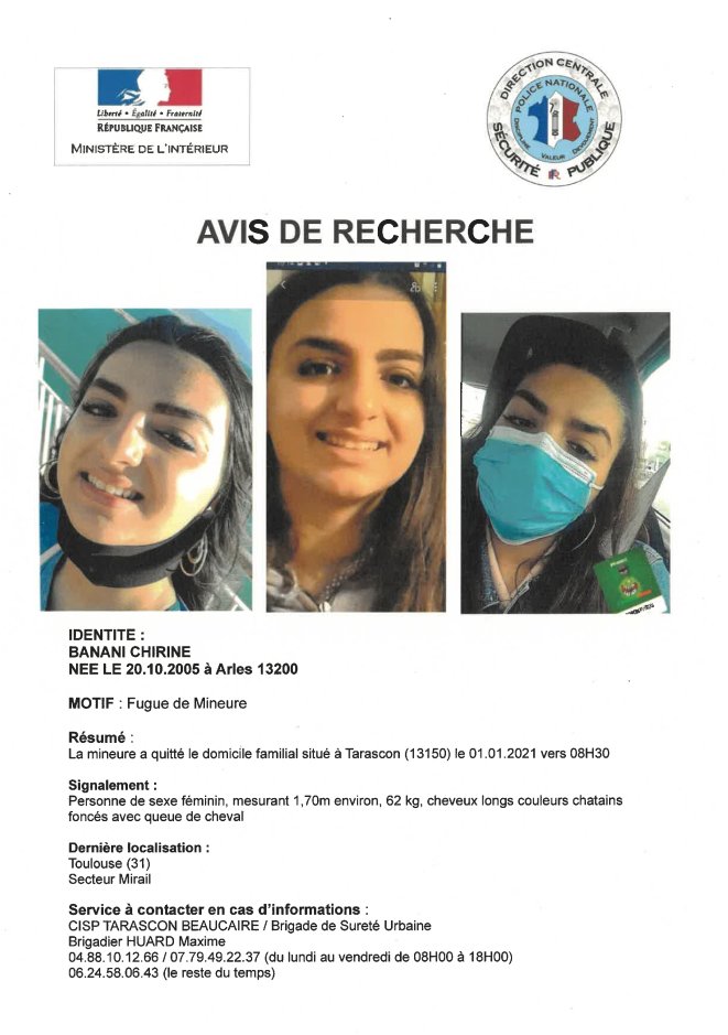 PoliceNat13's tweet photo. [#AvisDeRecherche] Merci de diffuser cet avis de recherche. La mineure pourrait se trouver sur #Toulouse. https://t.co/4iIpE7TGrV