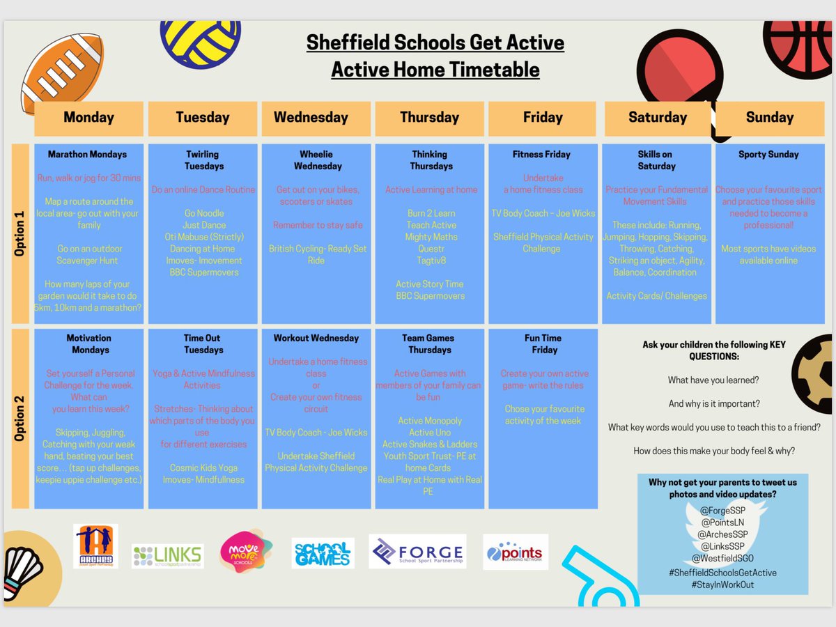 ArchesSSP's tweet photo. The Sheffield Active Timetable is back. It’s Fun Time Friday and we would love to see what you are up to today to have fun with your family whilst being active #sheffieldschoolsgetactive #ActiveAtHome #ActiveAtSchool @movemoresheff https://t.co/uY7IHSofIq
