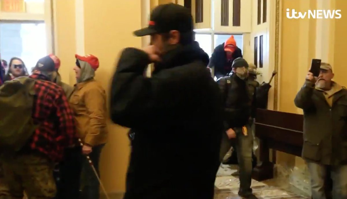 Seems to be the same entry point used by  @robertmooreitv and his crew to access the building. I believe it's called Senate Carriage entrance, and the Senate chamber is to the left when you enter.  https://www.itv.com/news/2021-01-06/donald-trump-fires-up-protesters-in-washington-as-congress-prepare-to-confirm-biden-victory