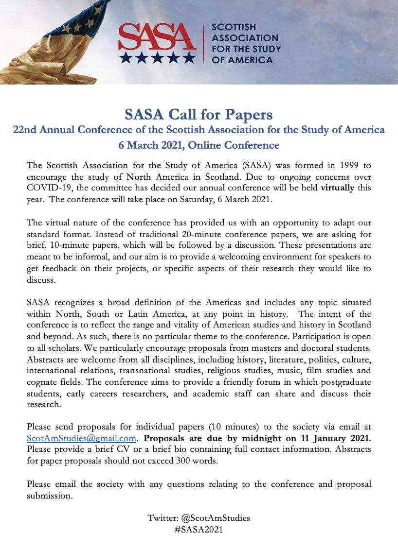 ScotAmStudies's tweet photo. Abstracts for our online conference are due Monday! This year, we are asking for brief 10-minute papers. There is no particular theme to the conference - we accept anything relating to the study of the Americas, from any discipline. Email your abstracts to ScotAmStudies@gmail.com https://t.co/nvI02aQRSV