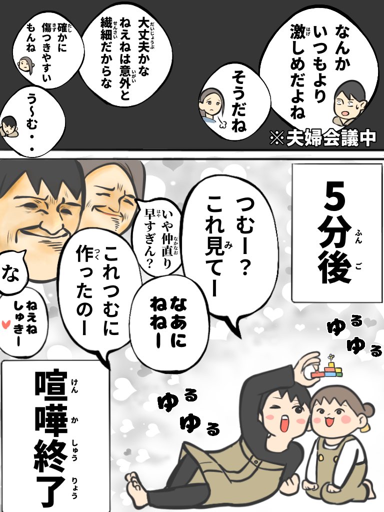 第74話「喧嘩の結末」

子供の情緒に振り回される両親。

#育児絵日記 #育児漫画 #子育て絵日記 #子育て漫画 #育児あるある #イラスト #姉妹 