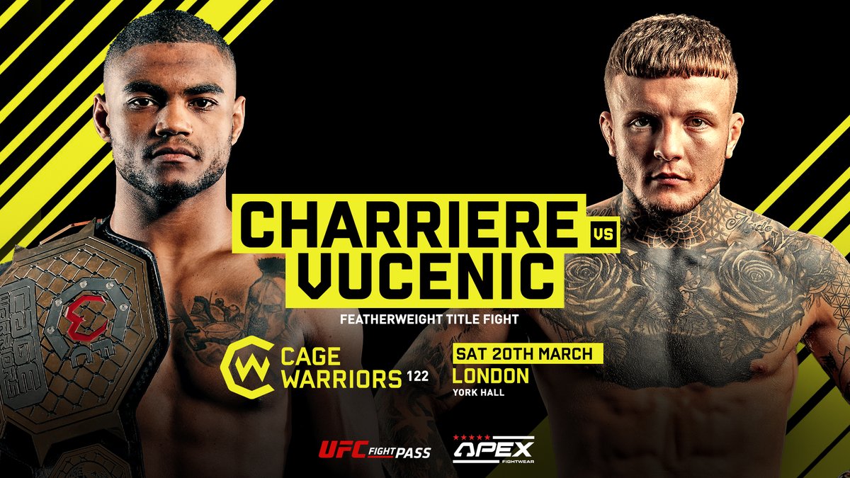CageWarriors's tweet image. EUROPE'S ELITE 🇫🇷🇬🇧

Morgan Charrière (16-7) makes the first defence of his featherweight title against Number One Contender Jordan Vucenic (7-1) on March 20th

Your Saturday night headliner on #THETRILOGY 🏆

York Hall, London 📍 Live on @UFCFightPass 📺