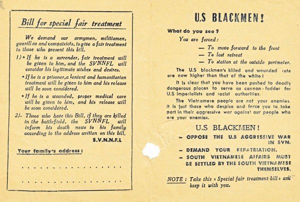 The Vietnam Liberation Fighters’ fliers passed around to African-American soldiers during the Vietnam war, asking them to unite against the common enemy of white capitalism and US imperialism: The South Viet flag does stand for racism and always has: