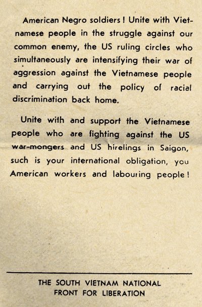 The Vietnam Liberation Fighters’ fliers passed around to African-American soldiers during the Vietnam war, asking them to unite against the common enemy of white capitalism and US imperialism: The South Viet flag does stand for racism and always has: