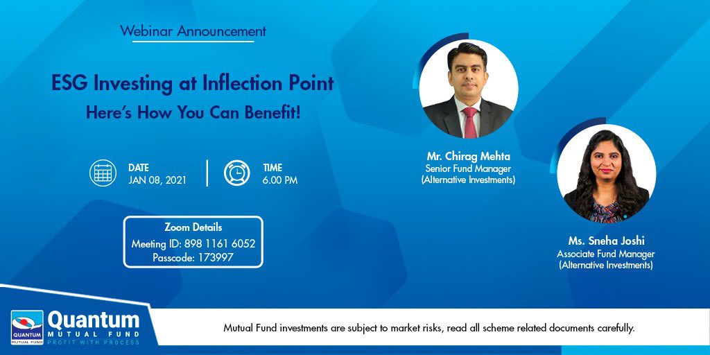 Don't forget to click on the link to join the first webinar of 2021 and get clear insights on the performance of ESG fund by Mr. Chirag Mehta and Ms. Sneha Joshi.
Zoom ID - 89811616052
Zoom passcode - 173997
Link - https://t.co/eb2NCuodWi
#esg #esgwebinar #mutualfund https://t.co/NVcW2KXEmS