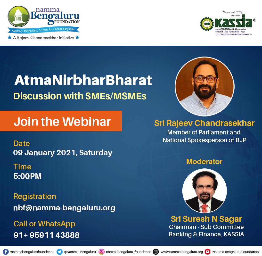 Namma_Bengaluru's tweet photo. As part of pre-budget discussions, @rajeev_mp will be discussing #AtmaNirbharBharat with #SMEs/ #MSMEs.

Join him in the webinar on Sat, 09th Jan 2021 at 5pm here: https://t.co/lYZgU5rw0y 

Meeting ID: 89314135512
Passcode: 345237

Register: +919591143888 https://t.co/WRalv9GDLT