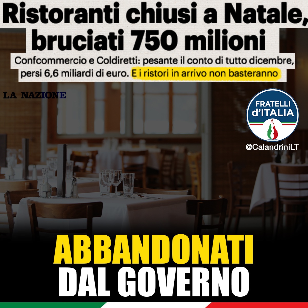 Il Governo ha messo in ginocchio i #ristoratori e i DL Ristori non basteranno. <a href="/FratellidItalia/">Fratelli d'Italia 🇮🇹</a> è accanto a loro!

#ristoranti #DecretoRistori #FratellidItalia