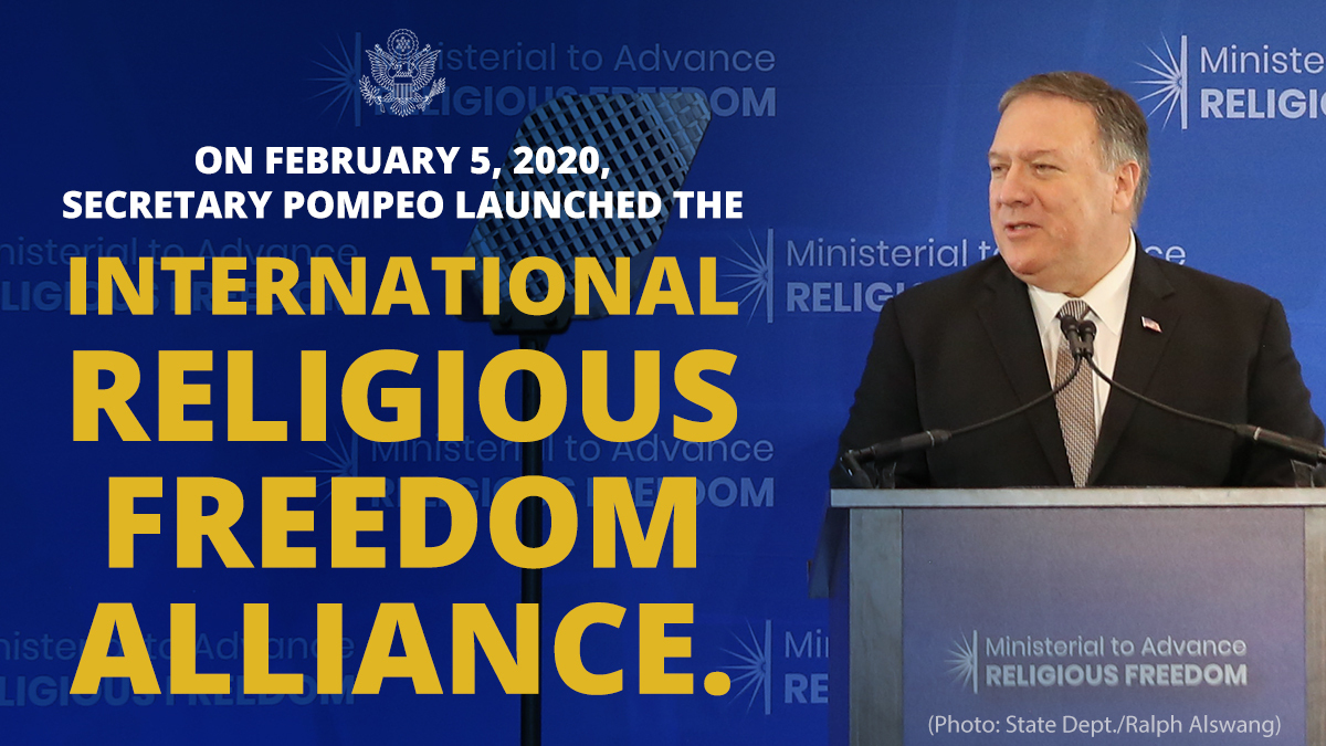 SecPompeo's tweet photo. Our legacy of #ReligiousFreedomLeadership: launch of the annual Ministerial and the 32-nation International Religious Freedom &amp; Belief Alliance initiatives with leaders of all faith traditions, and support for the establishment of 30+ civil society-led roundtables globally. https://t.co/kA6LXUfHs5