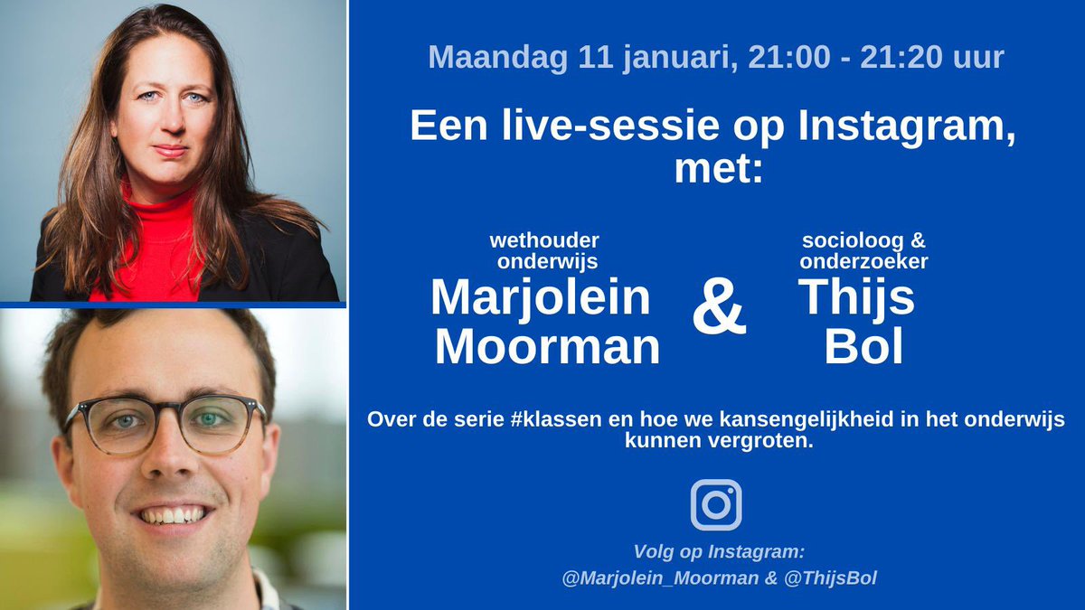 Maandagavond ga ik op Instagram Live met @thijs_bol en ook graag met jullie in gesprek voorafgaand aan de laatste aflevering van #Klassen. We praten over de serie en wat we kunnen doen in de strijd tegen kansenongelijkheid. Volg me op Instagram via @Marjolein_Moorman en doe mee!