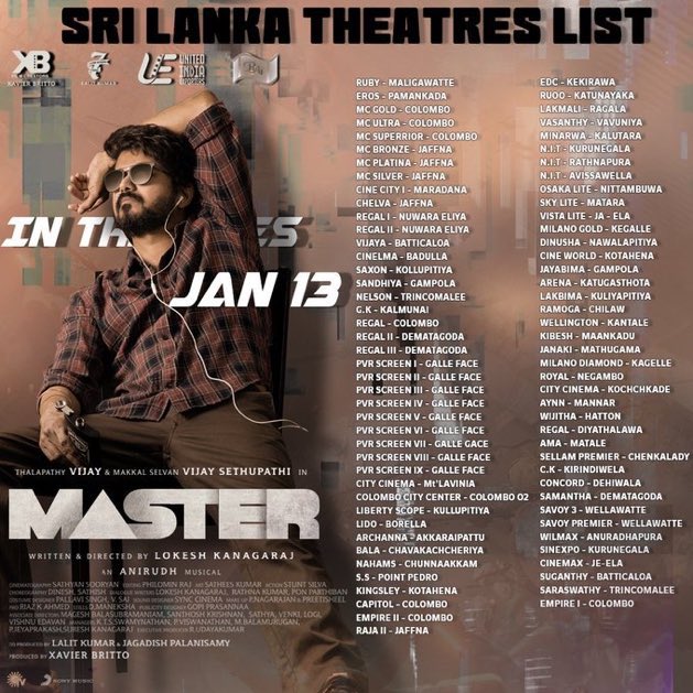 itz_Keshi's tweet photo. #MasterFilm   Sri Lanka Official Theatre List. GRAND RELEASE by @uie_offl #RAFilms 

#Master #MasterPongal  @actorvijay @VijaySethuOffl @Master2021Film https://t.co/EIA4KueKXT