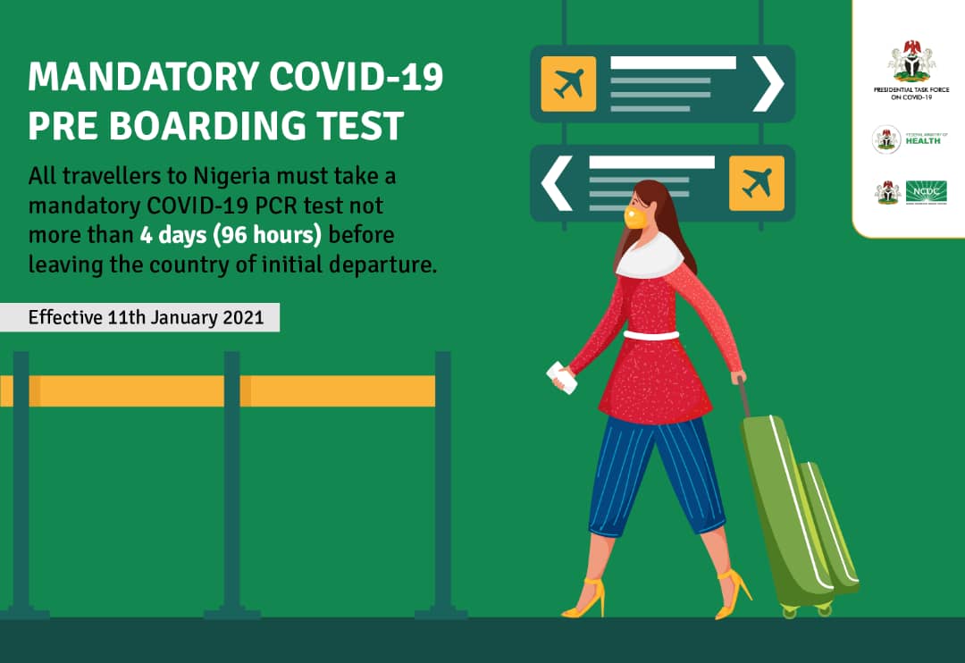 📢ANNOUNCEMENT

@PTFCOVID19 has updated protocols for travellers to Nigeria with effect from 11th Jan. 2021

All incoming travellers must take a #COVID19 PCR test not more than 4 days(96 hours) &amp; show proof of payment for the post-arrival test before boarding

#TakeResponsibility