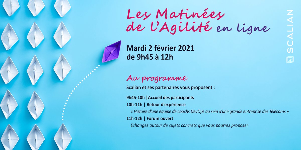 ScalianGroup's tweet photo. [INSCRIPTION] #agilité #onlineevents #methodesagiles
En 2021, Les Matinées de l'Agilité reviennent en ligne le 2 février 2021 de 9h45 à 12h !
📣 Les inscriptions sont ouvertes : https://t.co/Euy9Ug1jeO
(Evénement gratuit, mais inscription obligatoire) https://t.co/RLZz1eLFXd