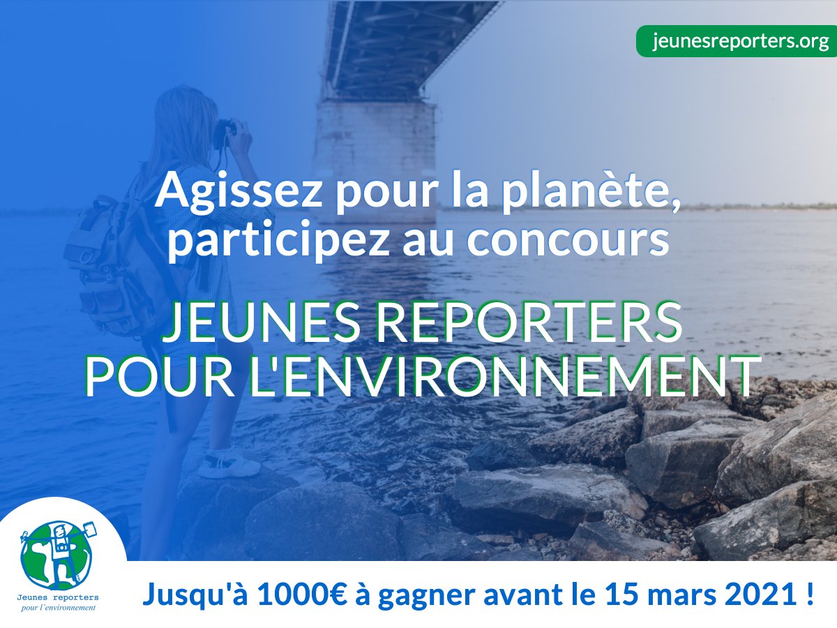 Cette année, vous avez envie d'agir et de construire un monde plus juste ? Jeunes entre 11 et 25 ans ou professeur, participez au #concours <a href="/JRE_France/">Jeunes Reporters pour l'Environnement</a> organisé par <a href="/Teragir/">Teragir</a> et tentez de gagner jusqu’à 1000€. Inscriptions sur jeunesreporters.org avant le 15/03/21! #EDD #EMI