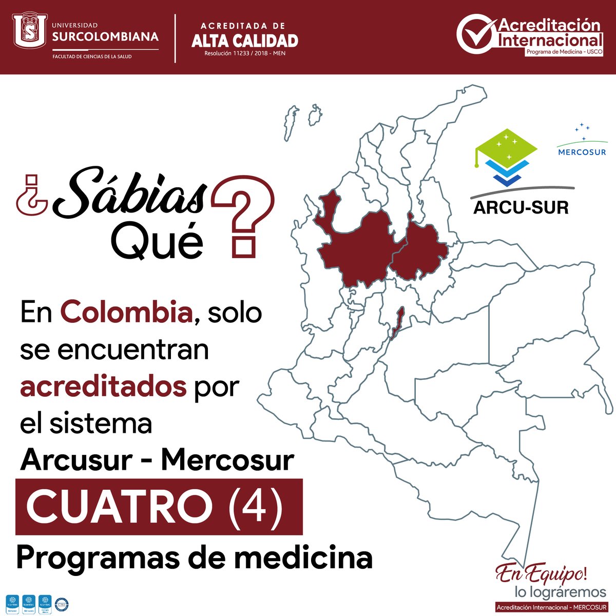 FACSALUD_USCO's tweet photo. ¿Sabías qué?
En Colombia, solo se encuentran acreditados por el Sistema Arcusur - Mercosur, cuatro (4) programa de medicina.
#AcreditaciónInternacional #FacultadDeSalud #EnEquipoLoLograremos #ProgramaDeMedicina #Mercosur #Arcosur #UniversidadDeAltaCalidad https://t.co/5mXm68DuL2