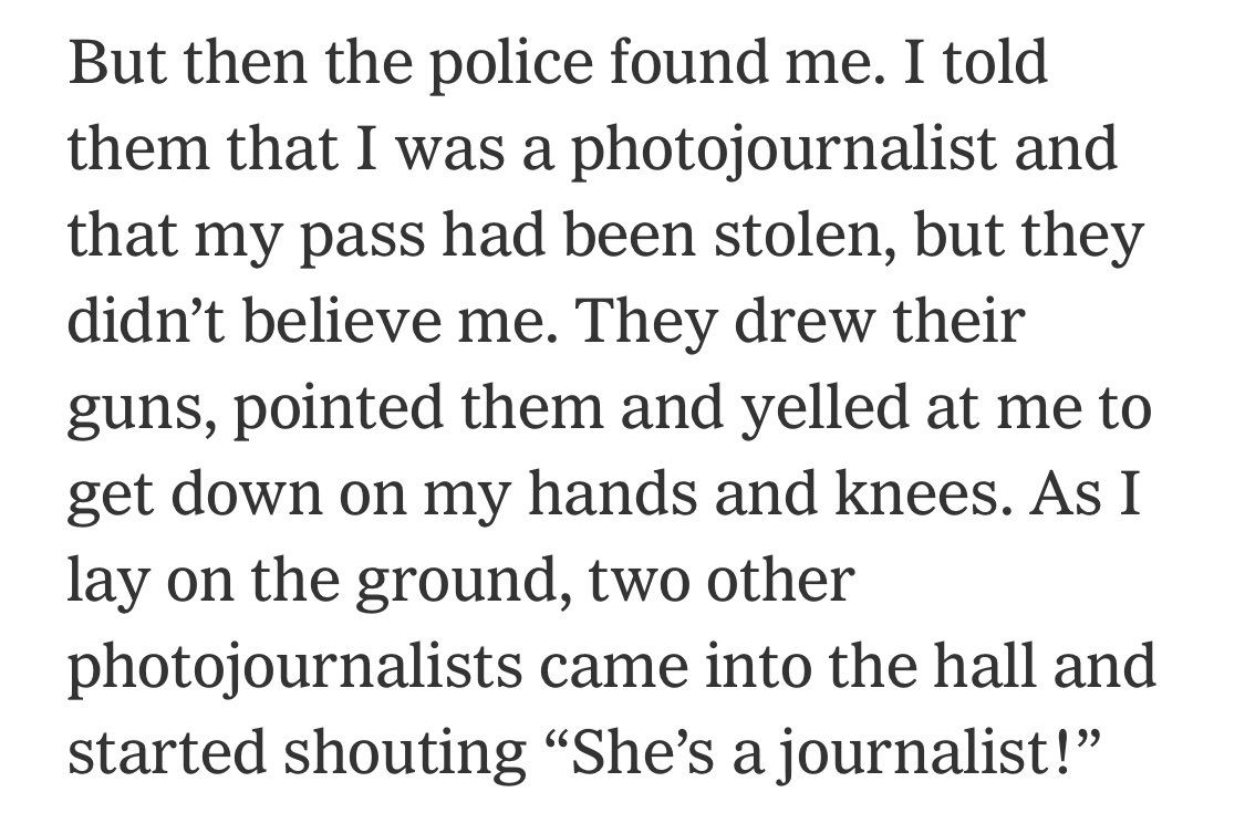 The @nytimes journalists in the Capitol have firsthand accounts of what happened. The most harrowing is from @erinschaff, who was trying to photograph what was happening.