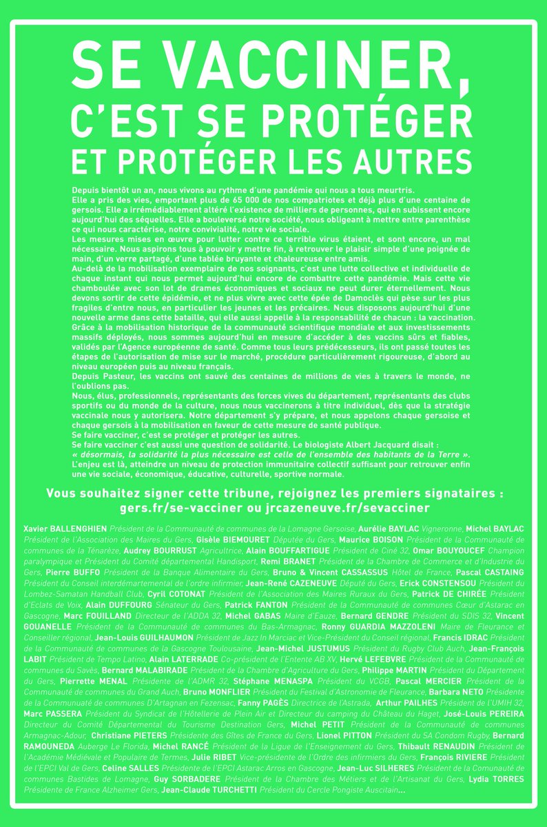 jrcazeneuve's tweet photo. Les "forces vives" (sport, culture, élus, économie, restaurateurs...) du #Gers signent une tribune en faveur de la vaccination. "Se vacciner, c'est se protéger et protéger les autres". Merci @pmartin_32 et à ts les autres signataires. 
#jemefaisvacciner @JeanCASTEX @olivierveran https://t.co/zDCbKbiI2T