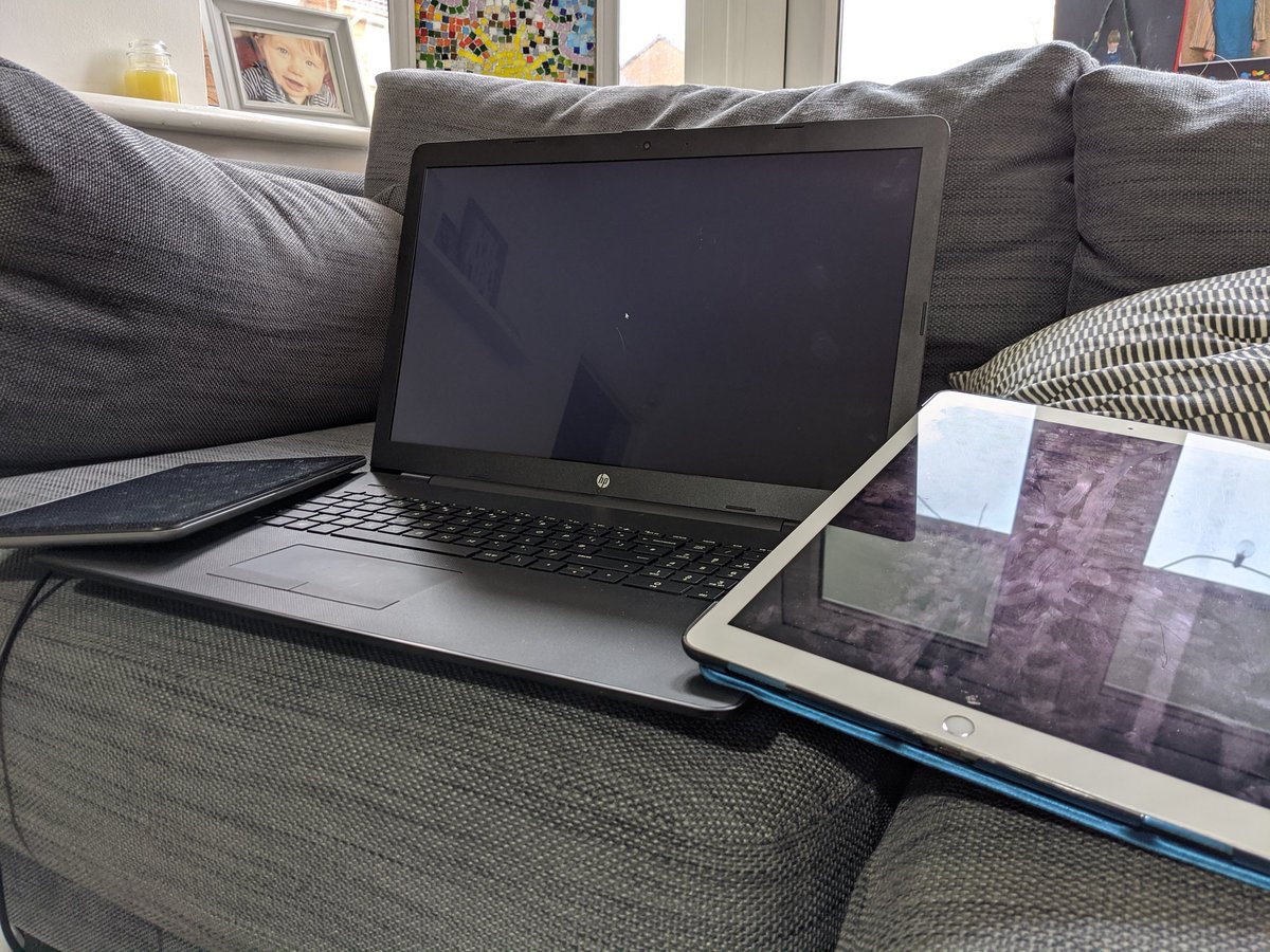 Pics_in_clouds's tweet image. My first day of homeschooling 2 kids. 
This is the kit we&apos;ve used so far today (no criticism of the school, they&apos;ve been amazing).
Imagine not having this equipment or WiFi. 
#digitaldivide #datapoverty